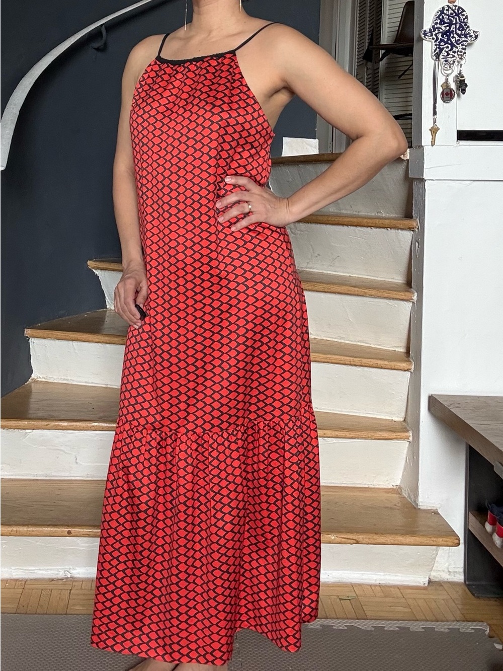 🇧🇷 Red & Black Printed Midi Dress – Open Back Tie Detail  Size S Made in Brazil - Picture 6 of 10